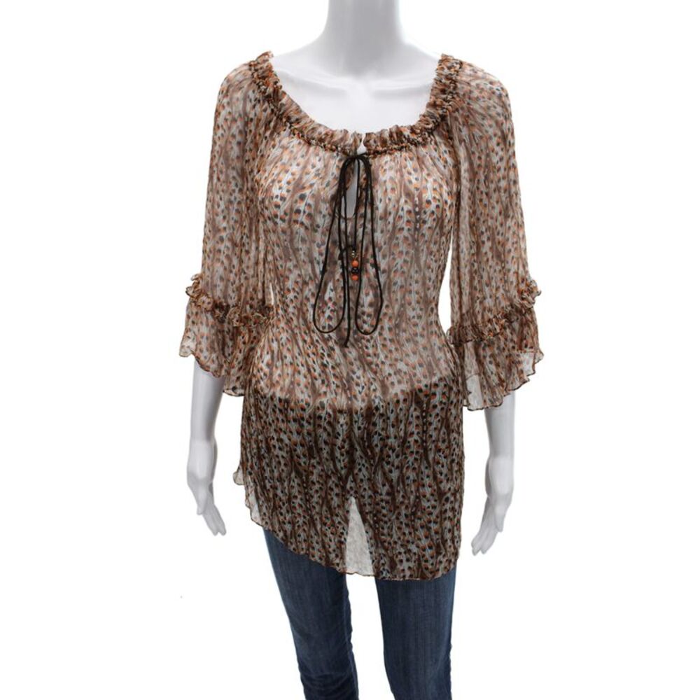 Milly Cabana Women Tunic Beige Animal Print 3/4 Sleeve Round Neck Size S
